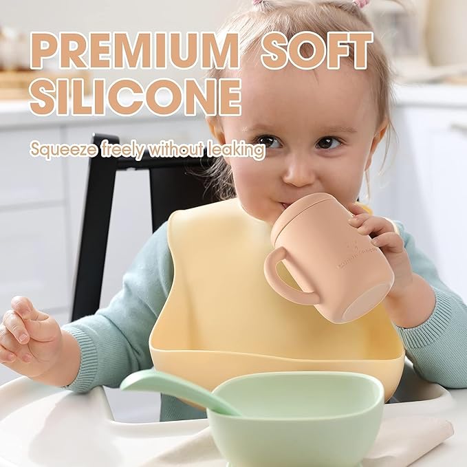 Cuddle Campus Sippy Cups 7OZ, [4 in 1] Baby Cups, Shatterproof Silicone Straw Cup,Open Cup for 6M, 6M+,6-12 Months,1/1+ Year Old Baby,Toddler