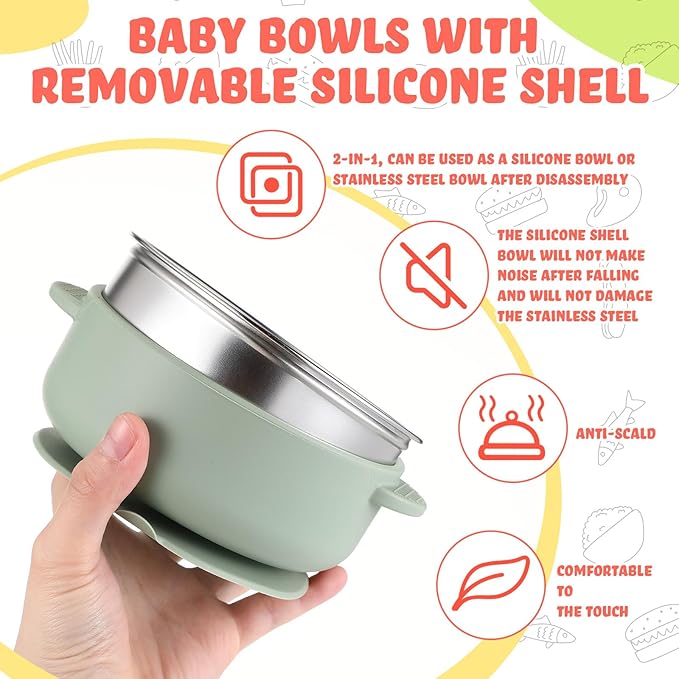 Nuogo 6 Pcs Stainless Steel Baby Bowls with Removable Silicone Shell 304 Toddler Bowls Kids Anti Scald Snack Container for Food Feeding, Dishwasher Safe(Vivid Color,Suction-a)