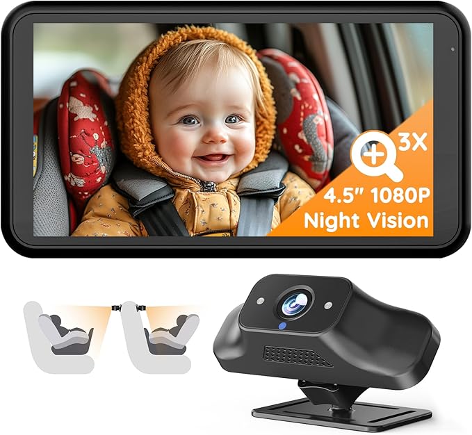 Babyvue BC1 Baby Car Camera, 4.5" 1080P HD Screen & 3X Zoom, AUTO IR Night Vision Car Baby Monitor with Adjustable Brightness, 2-Min Easy Install Car Seat Camera for Babies & Pets to Drive Safely