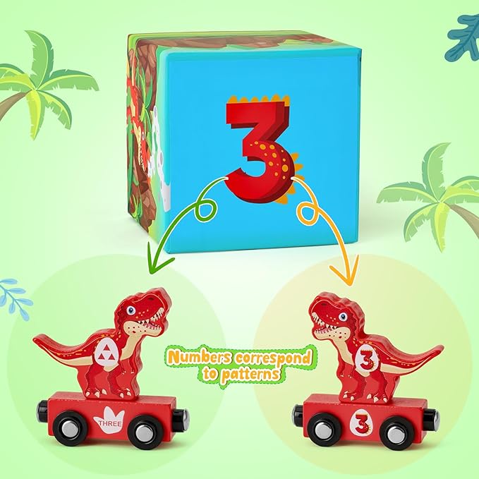 Atoylink Toddler Dinosaur Sorting and Stacking Toys with Magnetic Wooden Dinosaur Train Set, Baby Number Blocks Nesting Boxes Preschool Learning Montessori Toys for 1 2 3 Year Old Boys Girls Gift