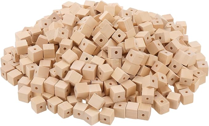 SINJEUN 500 Pcs 1/2 Inch Wood Cubes with Holes, Unfinished Solid Wooden Blocks Wooden Square Beads Small Wood Blocks for Crafts, DIY Projects