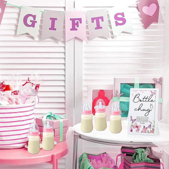 Roowest Bottle Chug Baby Shower Game Favors Including Pink Butterfly Theme Wooden Sign and 18 Pcs Feeding Bottles for Gender Reveal Party Supplies