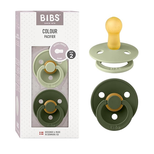 BIBS Pacifiers Colour Collection | Natural Rubber Baby Pacifier | Set of 2 BPA-Free Soothers | Made in Denmark | 6+ Months (Pack of 2) | Sage/Hunter Green