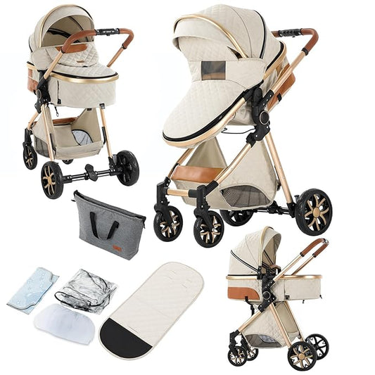 2 in 1 Baby Stroller, Convertible Pram, Reversible Standard Stroller, Portable Baby Buggy, Infant Carriage, Foldable High Landscape Pushchair for Toddler Newborn (225 Creamy White)