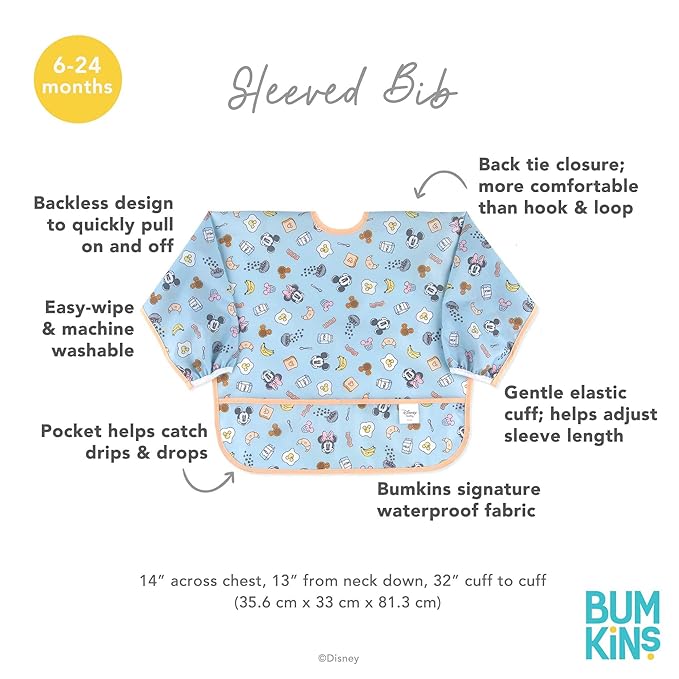 Bumkins Disney Sleeved Bib for Girl or Boy, Baby and Toddler for 6-24 Mos, Essential Must Have for Eating, Feeding, Baby Led Weaning Supplies, Long Sleeve Mess Saving Food Catcher, Mickey and Minnie