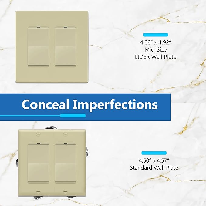 LIDER Matte Finish Double Decorator Switch Cover, Screwless Wall Plate, Mid-Size 2-Gang 4.88" x 4.92", Unbreakable Polycarbonate Thermoplastic, UL Listed, LSWP-32M-I10P, Ivory, 10 pack