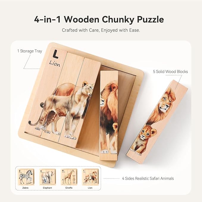 4 in 1 Wooden Animal Chunky Puzzle, 5 Solid Wood Puzzle Blocks with 4 Sides Realistic Safari Animals, Wooden Block Puzzle with Durable Base for Toddlers 3+ Years - Montessori Inspired