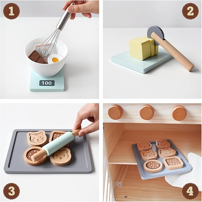 PairPear Wooden Cookie & Baking Play Food Set, Kids 28 Pieces Sliceable Cookies, Hand Mixer Toy Kitchen Accessories Playset, Montessori Pretend Kitchen Gift for Kids Ages 3+