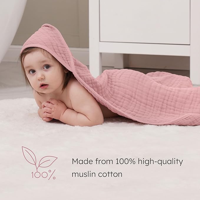 Looxii Baby Bath Towels 2 Pack Muslin Hooded Baby Towels for Newborn and Infants, 100% Cotton, Large 32x32Inch, Soft and Absorbent Beige+Pink