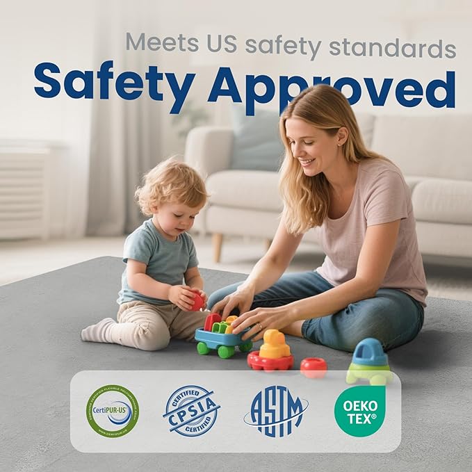 Baby Play Mat for Floor,1.3" Thick Elasti-Foam 50"×74" Playpen Mat for Tummy Time,Water Repellent Soft Coral Velvet for Toddler,Infant,Kids,Non-Slip Backing Safe for Crawling(Light Grey)