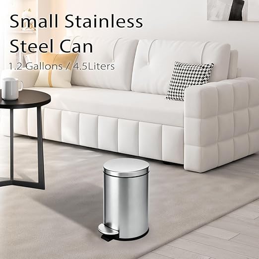 TIPGO Small Trash Can with Lid Soft Close, 4.5 Liters / 1.2 Gallon Bathroom Garbage Can, Mini Step Trash Bin, Stainless Steel Wastebasket for Bathroom, Bedroom, Office (Silver)