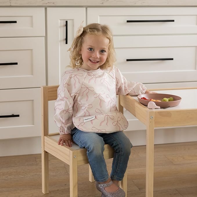 Tiny Twinkle Long Sleeve Bib for Babies & Toddlers – 2 Pack Waterproof Smock Bibs for Eating – Machine Washable & Mess-Proof, Baby Feeding Essential & Shower Must-Have (Toile,Bows, 6-24M)