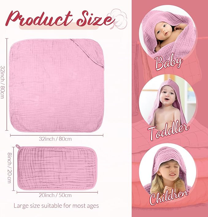 VitalCozy 8 Pcs Baby Muslin Hooded Bath Towels and Washcloths, 32 x 32 Inch Muslin Cotton Hooded Baby Towels Absorbent Blankets for Gift Newborn Infant Shower (Vivid Color)