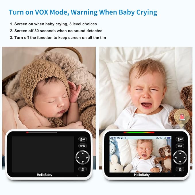 HelloBaby Baby Monitor No WiFi with Mount, 5'' Screen and 30-Hour Battery Life with VOX Mode, Baby Monitor with Camera and Audio, Portable Travel Hello Baby Monitor with Flexible Mount