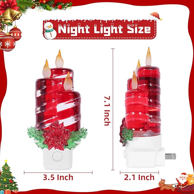 Christmas Candle Night Light Plug into Wall Swirling Glitter USB Portable Christmas Decorative Night Light Decoration for Kids Adults Bedroom Kitchen Living Room Holiday Decor (Red Candles)