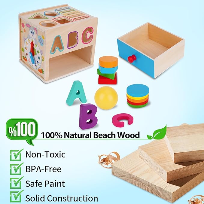 FCSONU Toddlers Montessori Toys for 1 2 3 Year Old Boys Girls, Wooden Baby Montessori Coin Box Toys for Toddlers 1-3, Shape Sorting Sensory Toys for Ages 2-3, Christmas & 1st Birthday Gifts for Kids