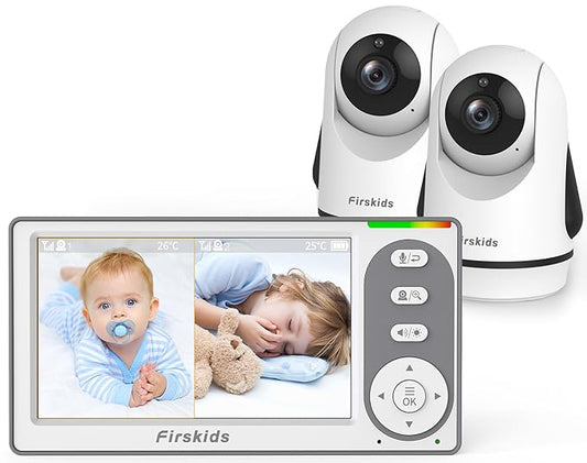Baby Monitor with 2 Cameras No WiFi, 4.3" IPS Split-Screen, 30H Battery, Pan-Tilt-Zoom, Night Vision, 2-Way Audio, Room Temp Sensor, Lullaby, Plug & Play - Ideal for Travel