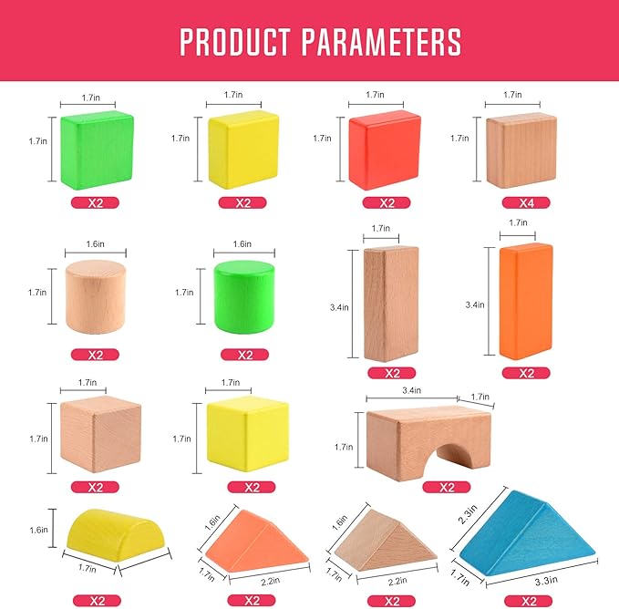 Large Wooden Building Blocks Set - Educational Preschool Learning Toys with Carrying Bag, Toddler Blocks Toys for 3+ Year Old Boy and Girl Gifts