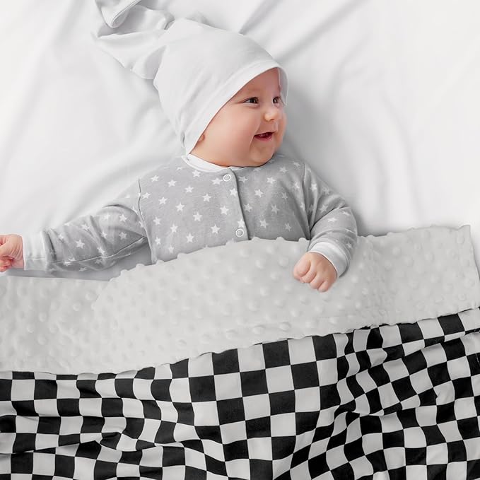 Checkered Baby Blankets for Boys, Comfy Durable Blanket with Double Layer Dotted Backing Checkerboard Grid Chessboard Gingham Bed Blankets for Newborn Infants Black, 30x40 Inches