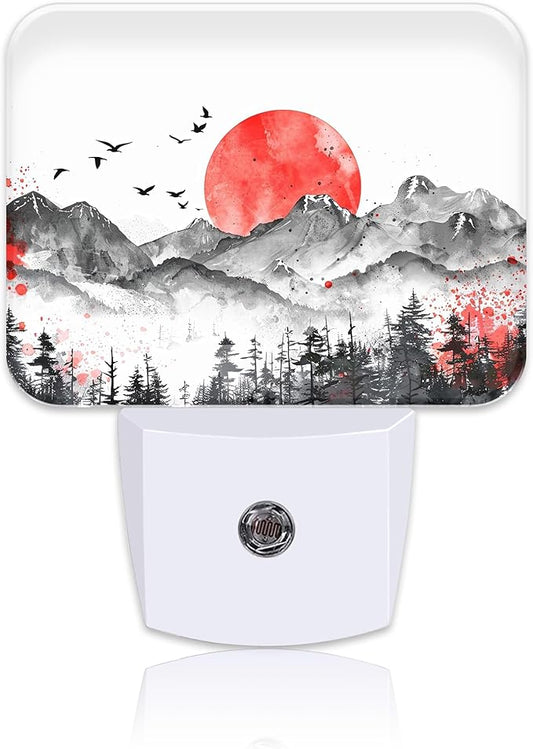 Mountains and Red Sun Night Light Ink Painting Nightlight Plug into Wall with Dusk to Dawn Sensor for Kid Girls Boys Women Men Room, Hallway, Kitchen, Bathroom, Stairs Decor