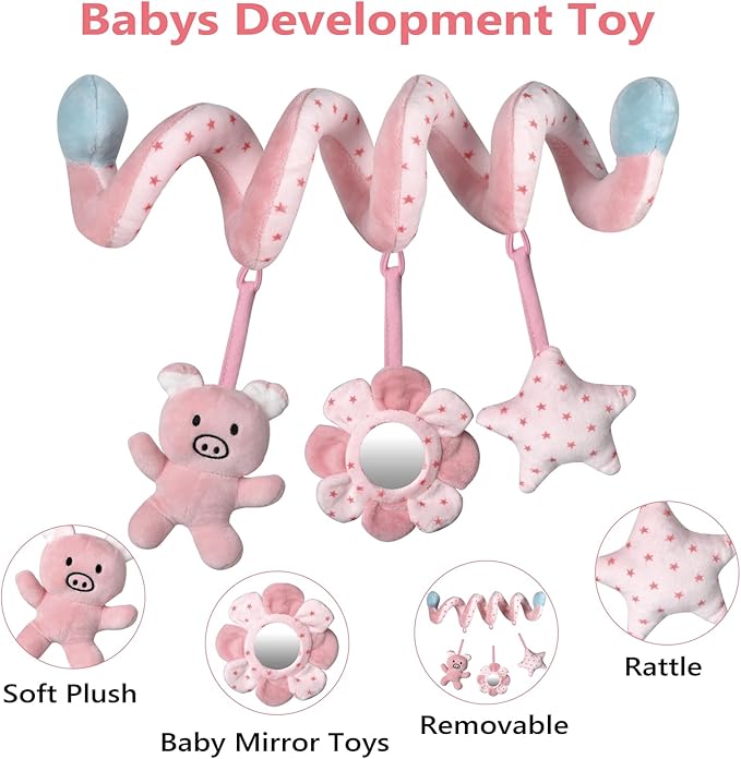 Car Seat Toys, Infant Baby Pink Pig Spiral Activity Hanging Toys Stroller Toys for Car Seat Stroller Bar Crib Bassinet Mobile with Mirror BB Squeaker and Rattles