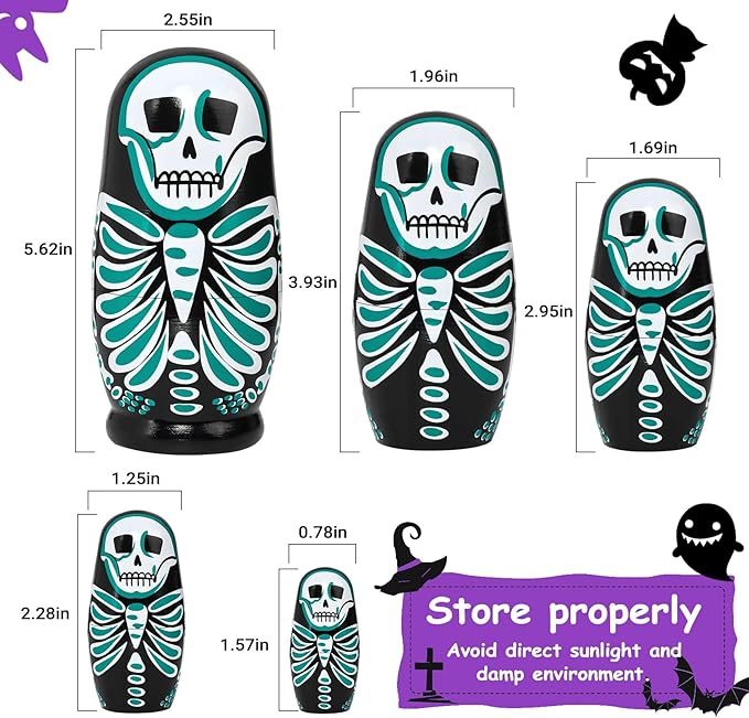 Nesting Skulls, 5 Pcs Handmade Wooden Russian Stacking Dolls, Home Halloween Decoration Gift