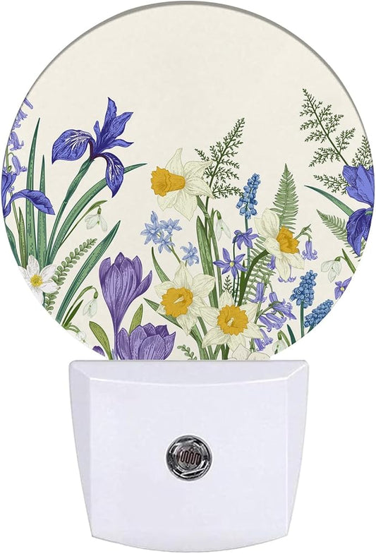 Wildflowers Night Light Spring Floral Night Lights LED Lamp Round Plug into Wall Nightlight with Dusk to Dawn Sensor Home Hallway Stairway Kitchen Decor