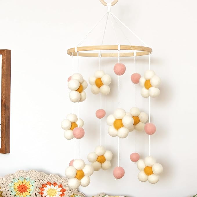 Daisy Mobile for Crib Boho Baby Crib Mobile for Girls Pink Felt Flower Baby Mobile for Crib