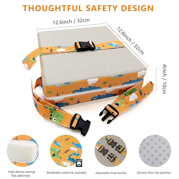 Toddler Booster Seat for Dining Table - 4in Cushion, Portable Booster for Baby, Adjustable Kids Chair Height, Washable Seat Pad Mat