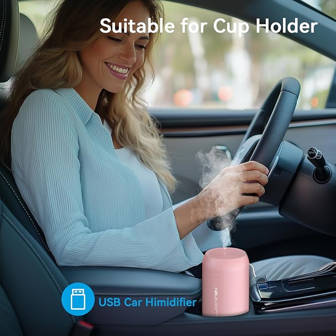 Portable Mini Humidifier, KQLKJ 350ml Small Cool Mist Humidifiers, USB Personal Desktop Humidifier for Bedroom Car Office Travel with Auto Shut-Off & 2 Mist Modes (Pink)