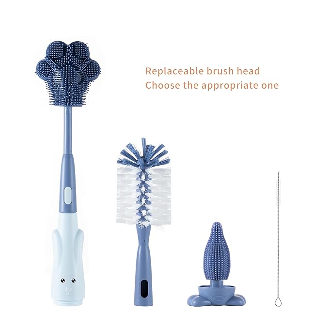 Chemimoso Cup Cleaning Brush, Silicone Baby Bottle Brush with Stand, Large Handle Water Bottle Brush Cleaner Set, with a Tiny Cup Lid Gap Cleaning Brushes Kit, Pawprint, Blue