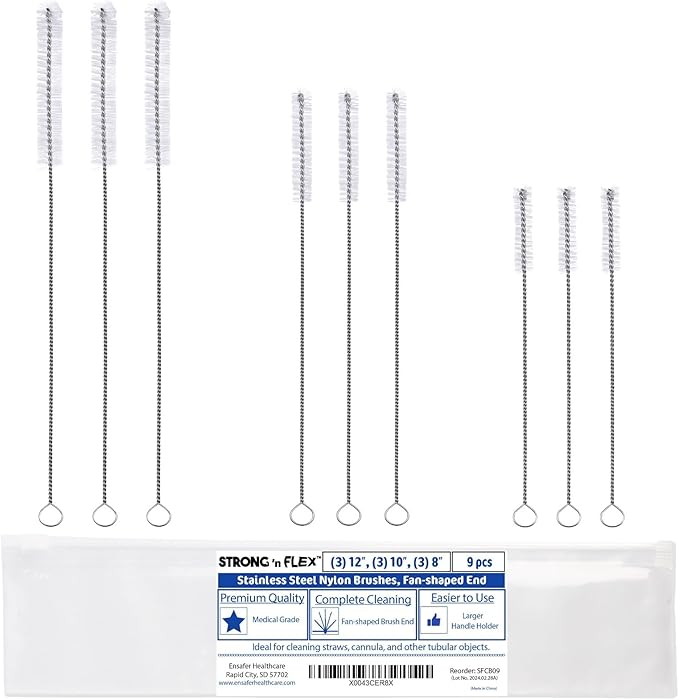 Strong 'n Flex Nylon Straw Cleaner Brushes – Fan-Shaped End for Tight Spaces, Ideal for Reusable Straws, Water Bottles, Sippy Cups & Pipes – Includes Zippered Pouch – 8", 10”, 12” Long – Set of 9