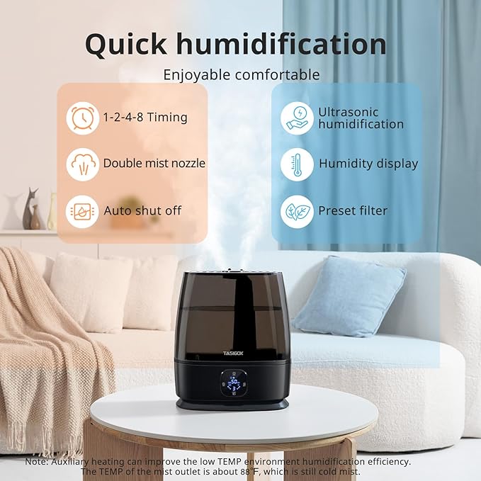Humidifiers for Bedroom Home, 6L Cool and Warm Mist Air Humidifier for Large Room Baby Nursery, 50H Easy Clean and Top Fill, Quiet with Ultrasonic, Essential Oils, Auto Mode, for House, Black