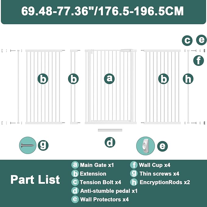 40.55" Tall 1.37" Ultra Narrow Spacing Dogs Pets Baby Gate for Doorway Hallway Safety Proof Indoor 69.48-77.36" Extra Wide Puppy Pressure Mounted No Drill Walk Through White Metal