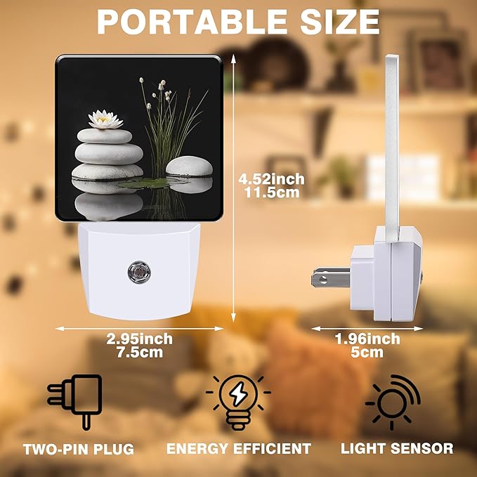 Grey Stones and White Lotus Night Light, Plug-in Nightlight with Dusk to Dawn Auto Sensor for Home Bedroom Hallway Kitchen 0.5W Sleep Friendly Led Lamp for Women Men
