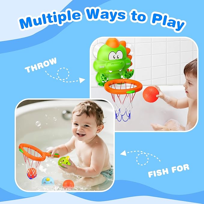 Topsolid Bathtub Basketball Hoop for Kids - Dino Style 2-in-1 Bath Toys with Strong Suction Cups & 4 No Hole Balls | Fun Shooting Game for Baby Toddler Boys & Girls Ages 1-8