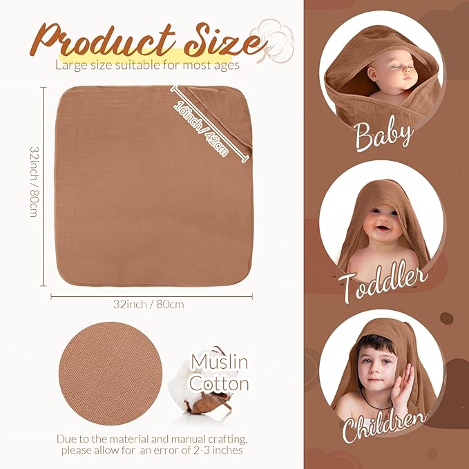 Preboun 6 Pcs Muslin Hooded Baby Towels and Washcloths 32"x 32" Cotton Newborn Bath Towel Anti-Shrink Infant Baby Blankets with Hood 12"x 12" Washcloths for Girl Boy Toddler(Grey,Coffee)