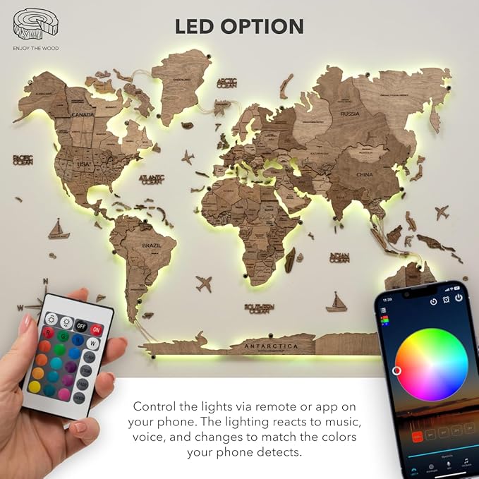 Enjoy The Wood 3D Wood World Map LED 3.0 Wall Art Modern Home Decor Gifts LED Lighting Wall Decor Housewarming Gift (Terra)