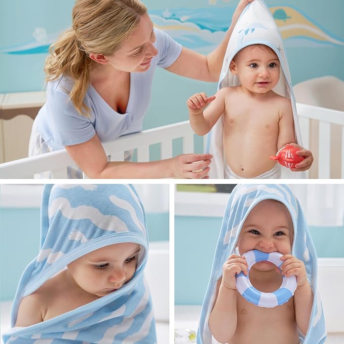 Momcozy Baby Towel with Hooded-Original Design Baby Towel Set -Soft & Absorbent- Shower Gifts or Bath Essential for Infant, Newborn, Toddler, Marine Sea Whale Seal Waves Magic