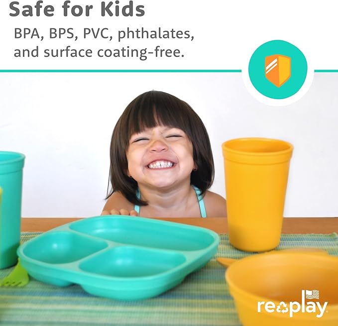 Re-Play Toddler Plates with Dividers - Deep-Walled 3 Compartments Divided Plates for Kids with 3 Lids - Dishwasher & Microwave Safe - Made in USA - Set of 3-7.37" x 7.37" x 1.25" - Seashell