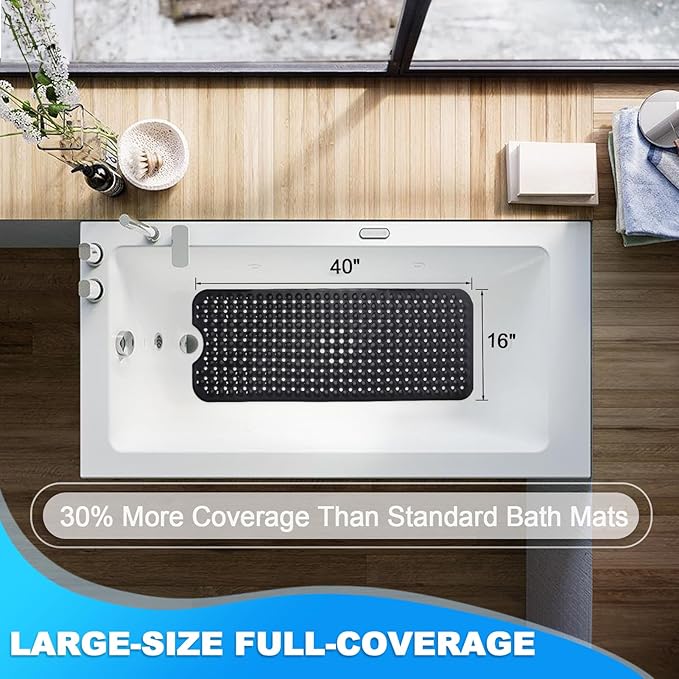 Linoows Bathtub and Shower Mats, 40x16 Inch Extra Large Non Slip Soft Bath Tub Mat with Suction Cups and Drain Holes for Bathroom Floor and Keep Tubs Clean, Machine Washable, Black