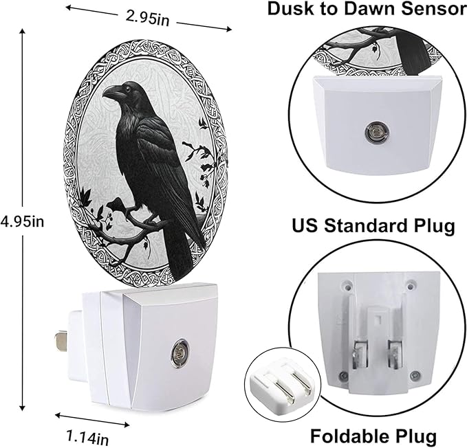 Black Crow on Oak Tree Branch Night Lights Plug into Wall Halloween Night Light Dusk to Dawn Sensor for Bedroom Living Room, LED Lighting 0.5W Sleep Friendly