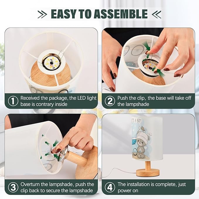 Table Lamp Bear with Blue Baby Carriage Heart Quote It's A Boy Nightstand Lamp with Wood Base Fabric Lamp Shade Bedside Desk Lamp for Living Room Bedroom Kids Room Office