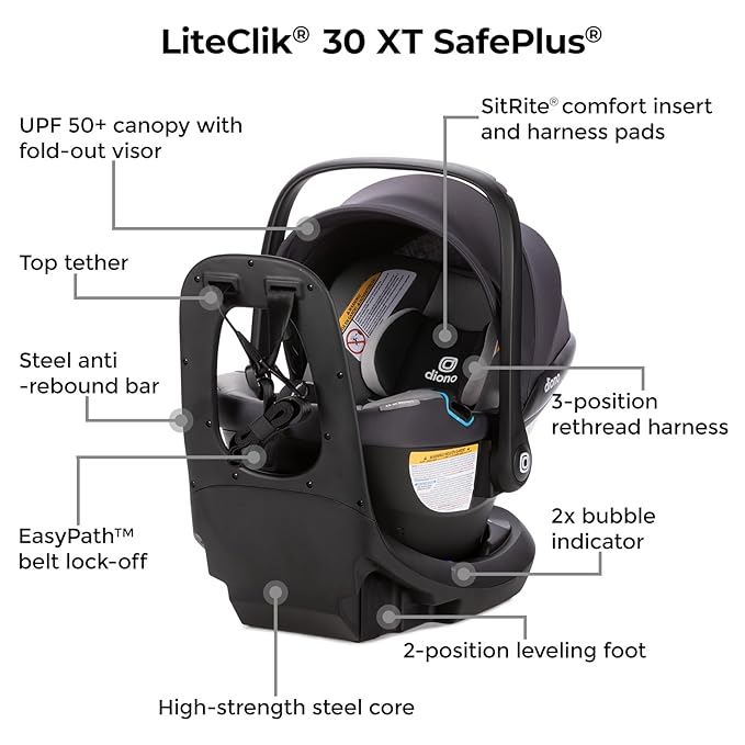 Diono LiteClik30 XT SafePlus Infant Car Seat and Base, Rear-Facing for Infants 4-30lbs, SafePlus Engineering, with Infant Insert, UPF 50+ Sunshade (Gray Glacier Frost)
