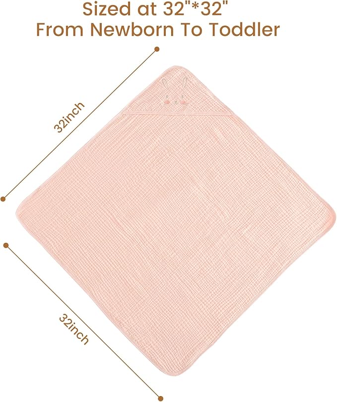 david's kids 2 Pack Hooded Baby Towels, Large 32"x32", 6 Layer 100% Muslin Cotton Absorbent Girl Bath Towel for Newborn, Infant and Toddler. Soft and Breathable Baby Essentials, Pink Floral&Rose