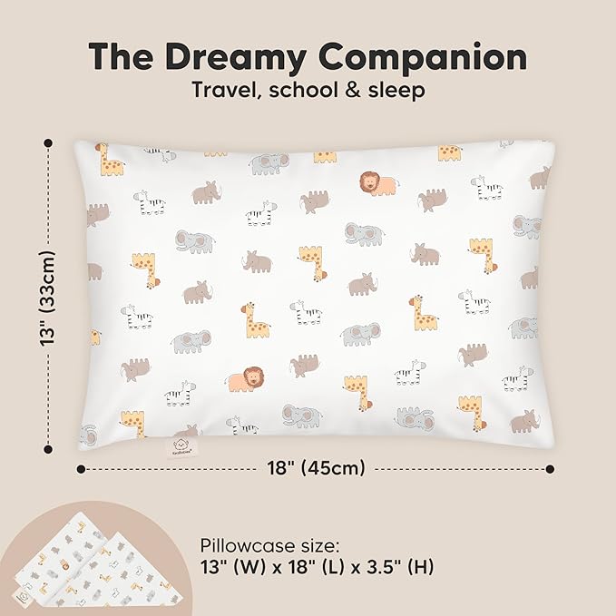 Toddler Pillow with Pillowcase - 13x18 My Little Dreamy Kids Travel Bed Pillows for Sleeping, Organic Cotton Small Pillowcase, Soft & Breathable, Machine Washable, Toddlers 2-5 years old (Safari Echo)