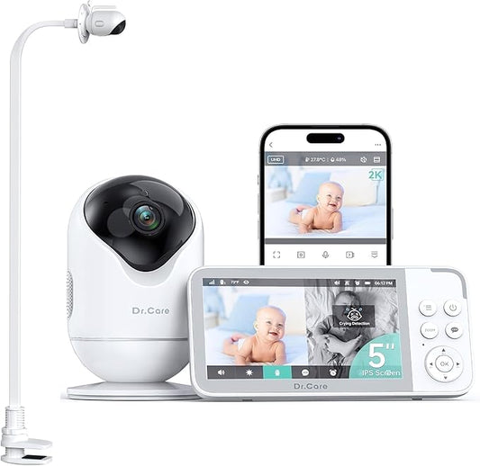 Dr.Care VistaView 5” Smart WiFi Baby Monitor with Clip Mount - 2K HD Camera, App Control, Cry & Motion Alerts, Night Vision, 5000mAh Battery, 2-Way Talk, Multi-User, Triple Security