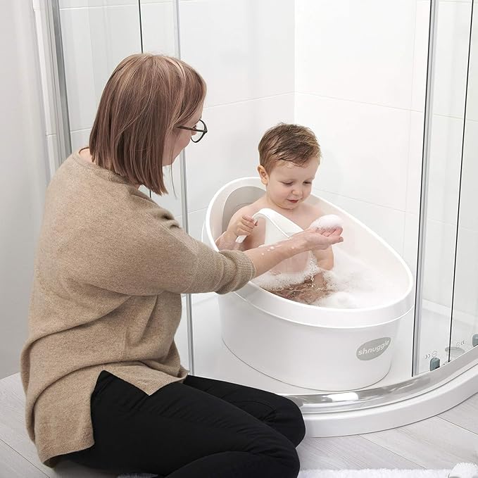 Toddler Bath Tub | Larger Bath for Bigger Kids at Bathtime | Includes Warm and Soft Foam backrest | Grippy Anti-Slip Surface | Includes Easy Drain Bath Plug | White & Grey + Rinse Jug