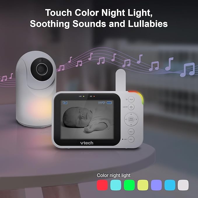 VTech Video Baby Monitor with Camera and Audio, 3.5" LCD Screen, Pan-Tilt-Zoom, 2-Way Talk, VOX Mode, Night Light, Lullabies, Soothing Sounds, Temperature Sensor, Long Range, No WiFi: VM4263 (White)