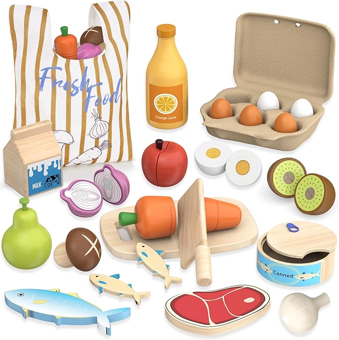 Wooden Play Food Toys for Kids - Pretend Play Kitchen Accessories Toy Set for Toddlers, Cutting Fruits Vegetables Toys Gift for Boys Girls Ages Over 3 Year Old